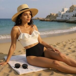 Retro ✦ Push-Up Ruffled Tankini Set ✦ Black & Ivory Sweetheart Top High-Waisted